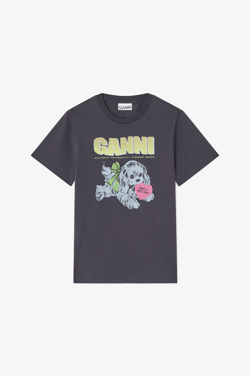Black Puppy T-shirt, Organic Cotton, in colour Phantom - 1 - GANNI