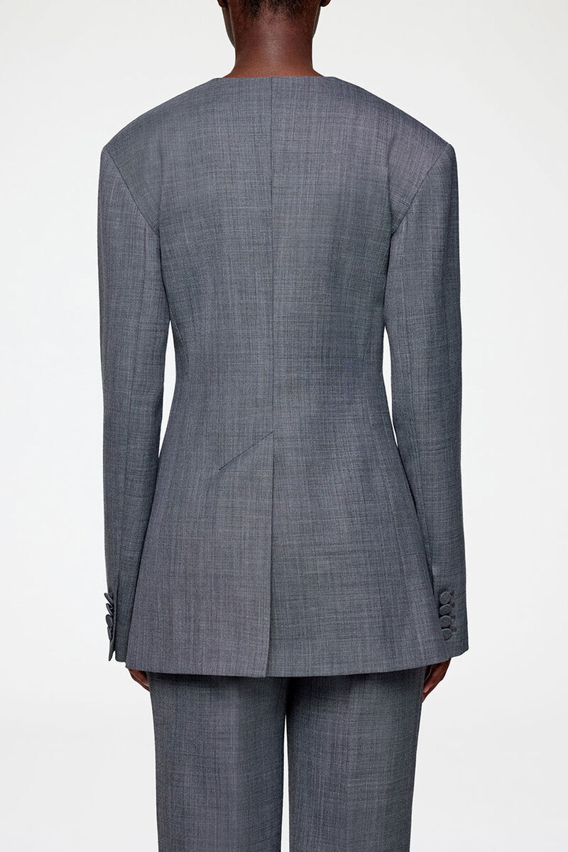 Blazer in Grey Wool Melange, Wool, in colour Phantom - 3 - GANNI