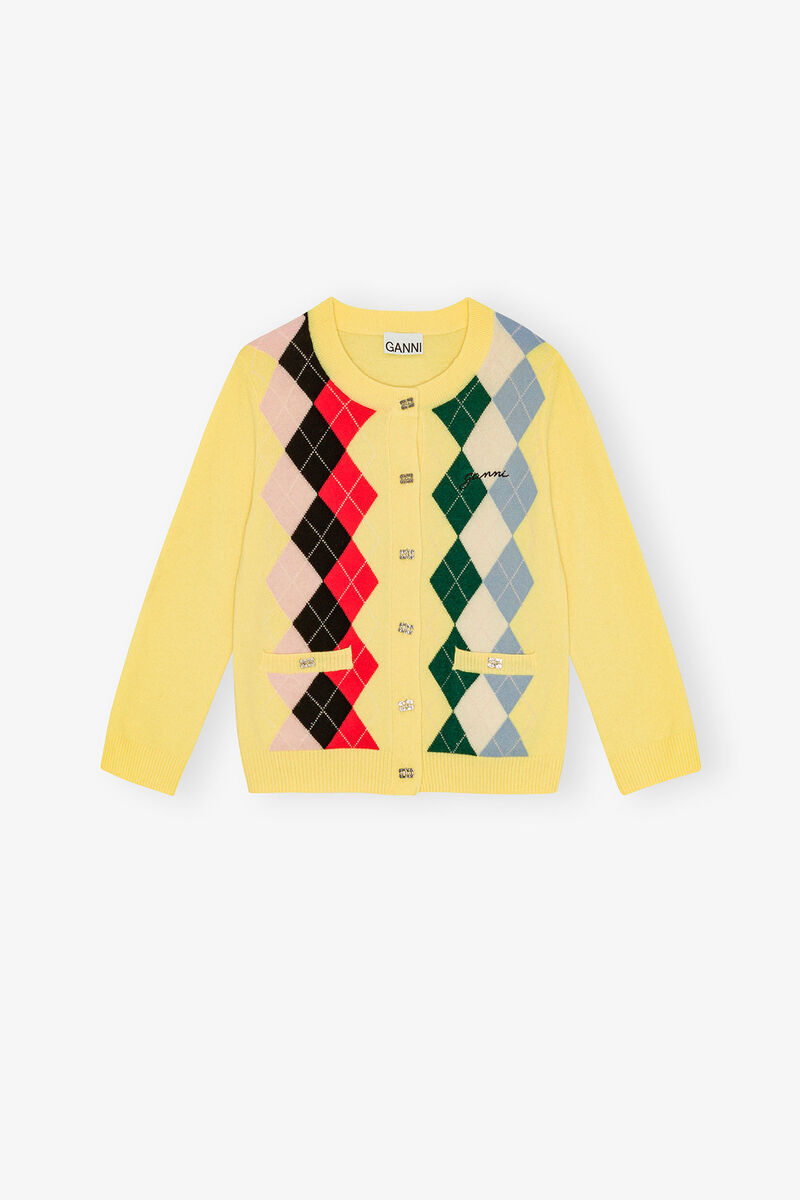 Yellow Check Cardigan, Merino Wool, in colour Pear Sorbet - 1 - GANNI