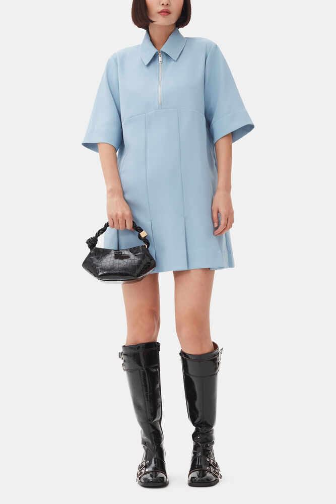 Light Blue Twill Suiting Mini Dress, Dusty Blue