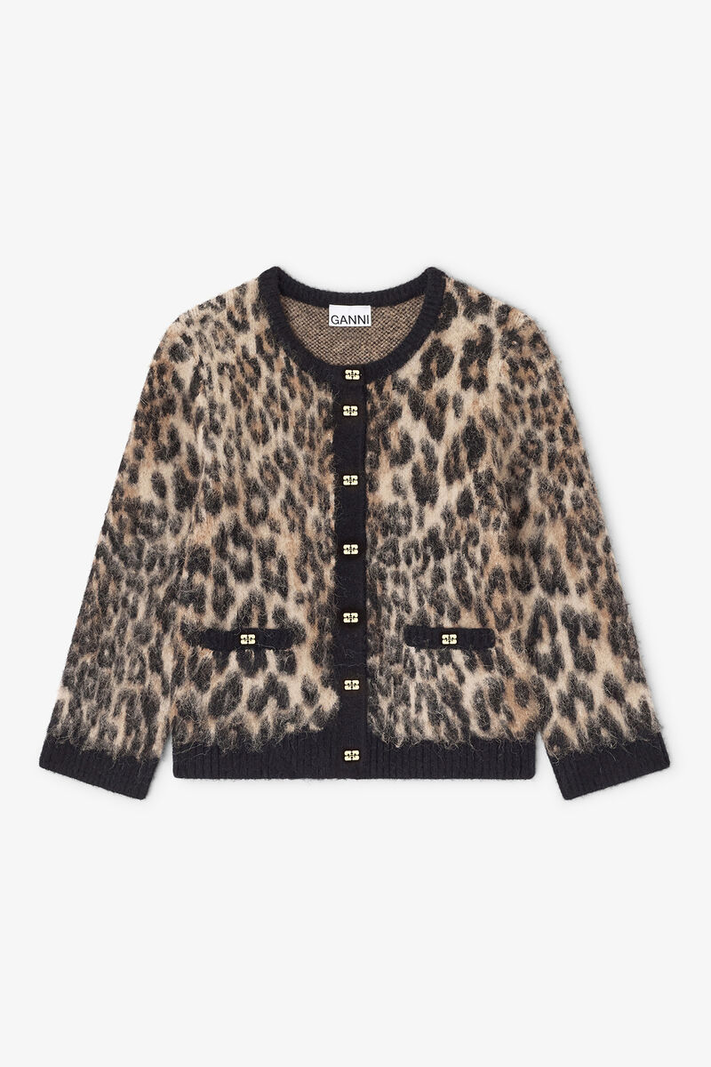 Leopard V-neck Cardigan, Alpaca, in colour Leopard - 1 - GANNI