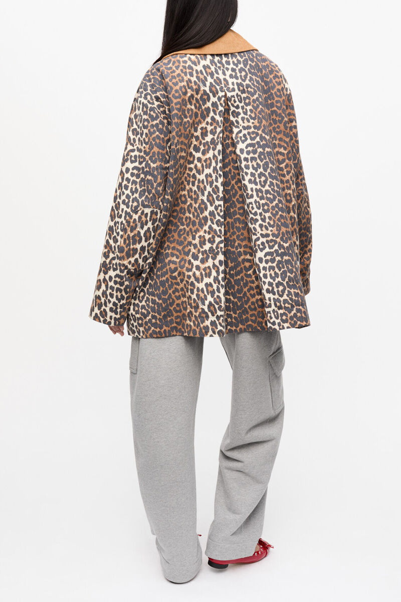 Leopard Printed Canvas Midi Jacket, Organic Cotton, in colour Almond Milk - 4 - GANNI