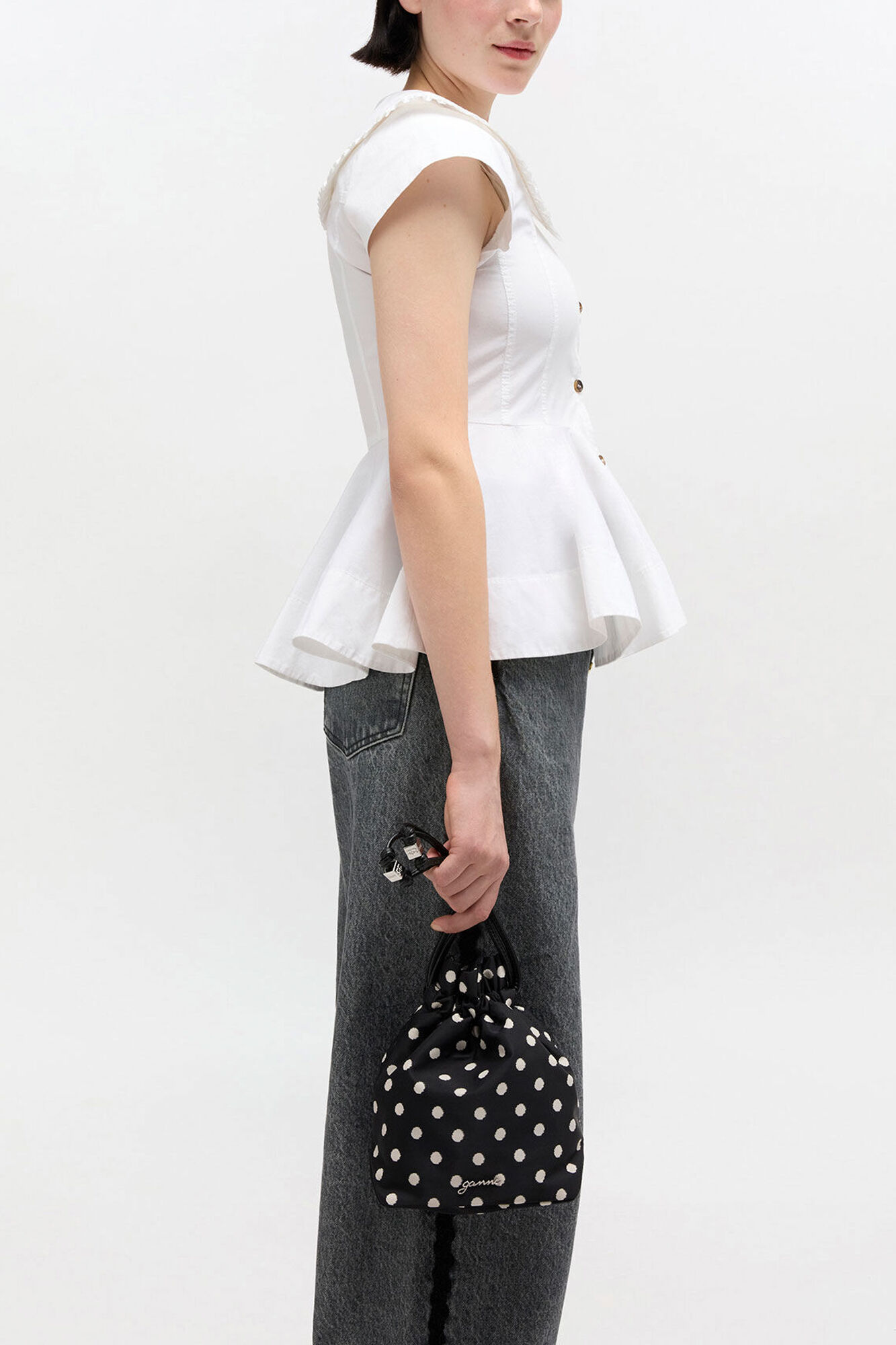 Printed Bou Bucket Pouch with Dots, Recycled Nylon, in colour Black - 1 - GANNI