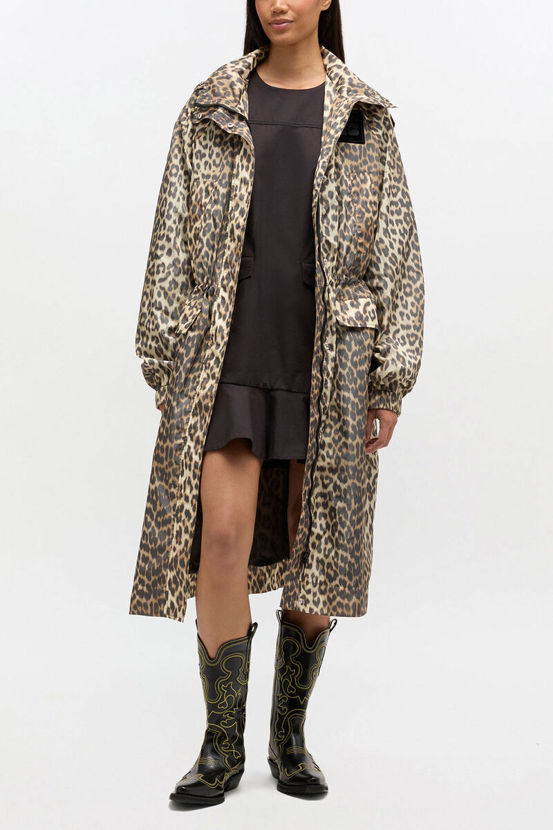 Leopard Nylon Parka Coat, Recycled Polyamide, in colour Almond Milk - 1 - GANNI