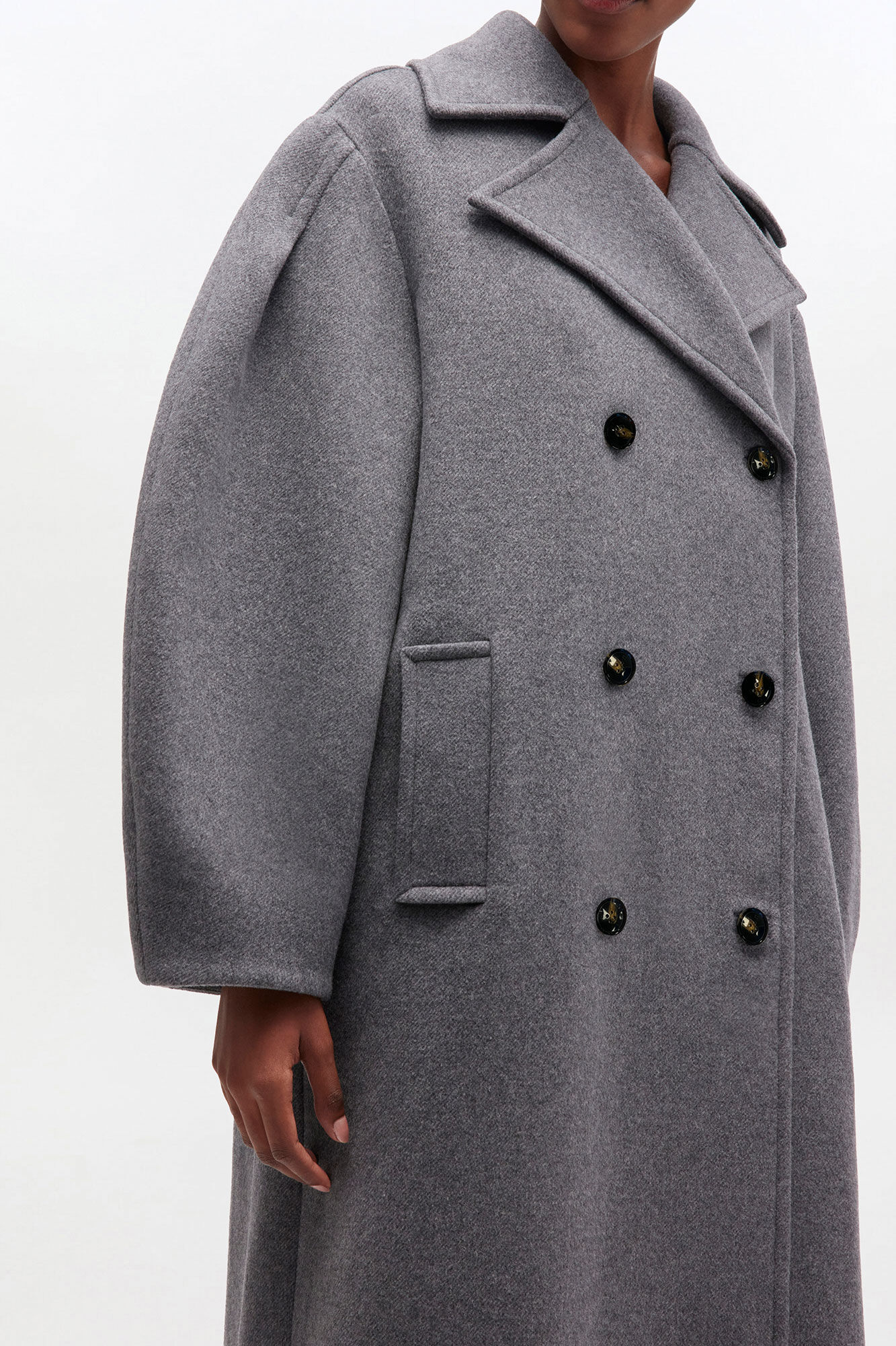 Grey Wool Oversized Long Peacoat, Recycled Wool, in colour Pewter - 1 - GANNI