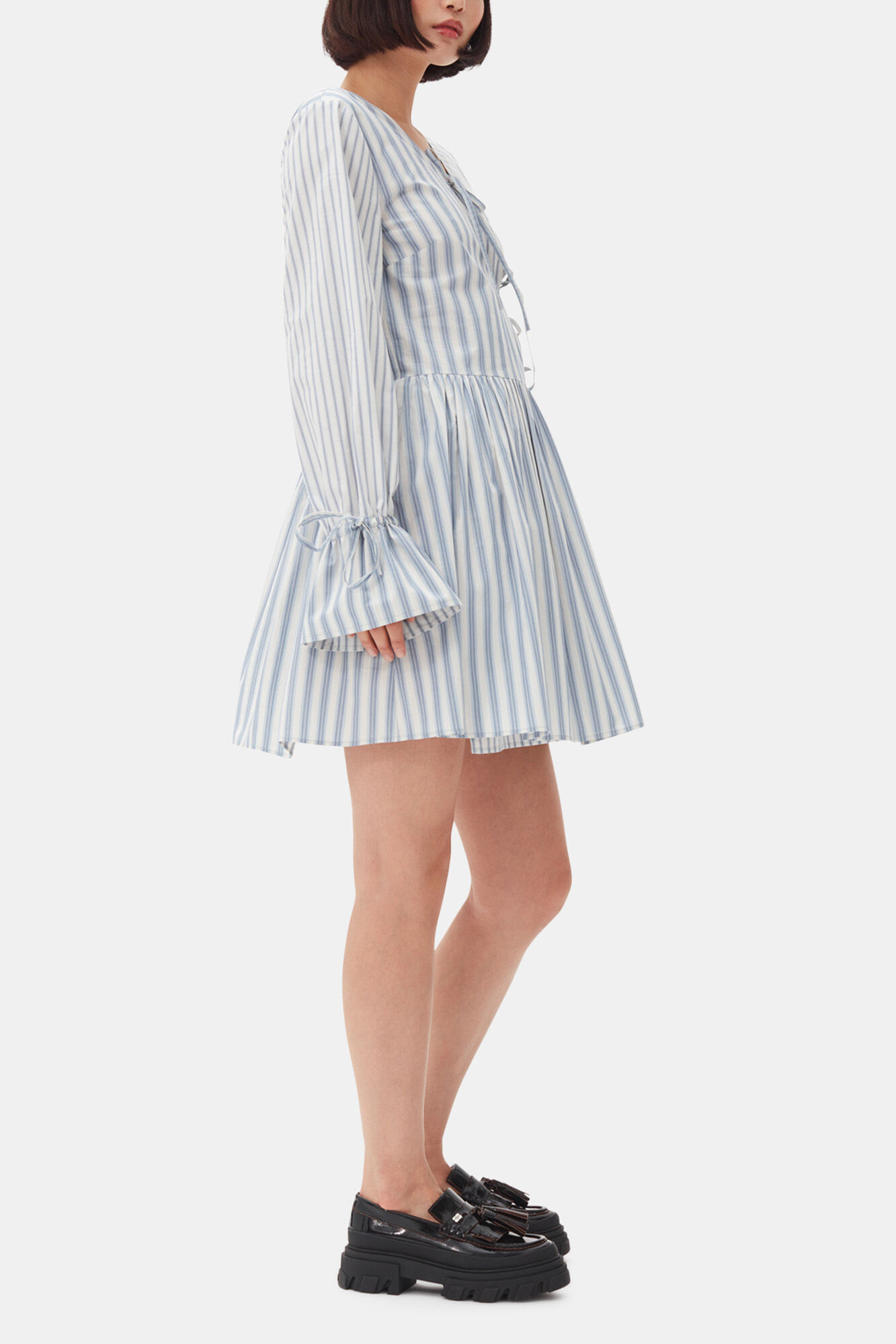 Blue Stripe Cotton Mini Wrap Dress, Organic Cotton, in colour Egret - 3 - GANNI