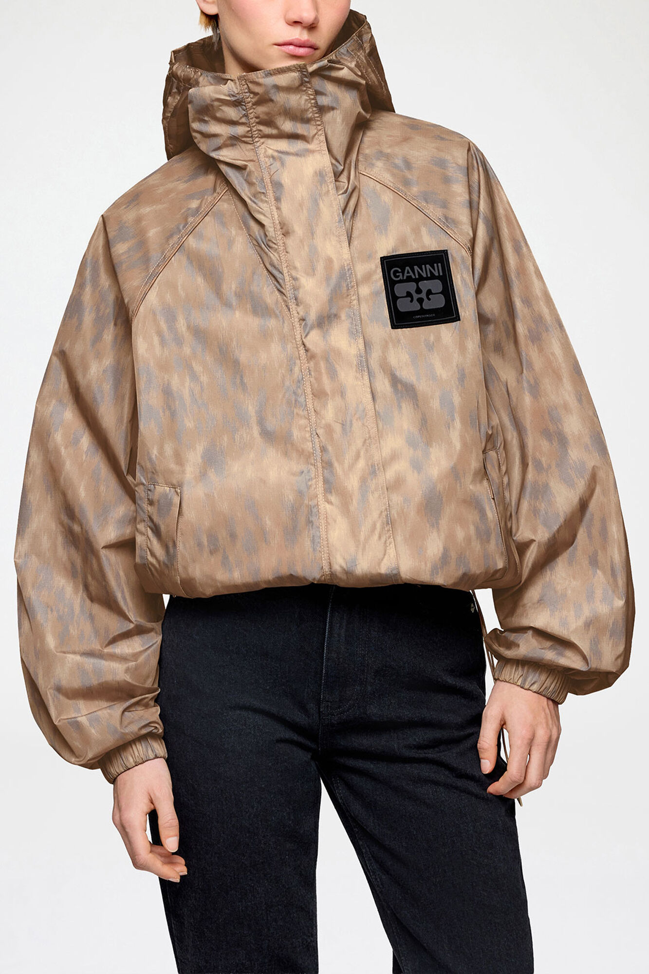 Flyweight Jacket in Printed Nylon, Recycled Polyamide, in colour Burro - 1 - GANNI