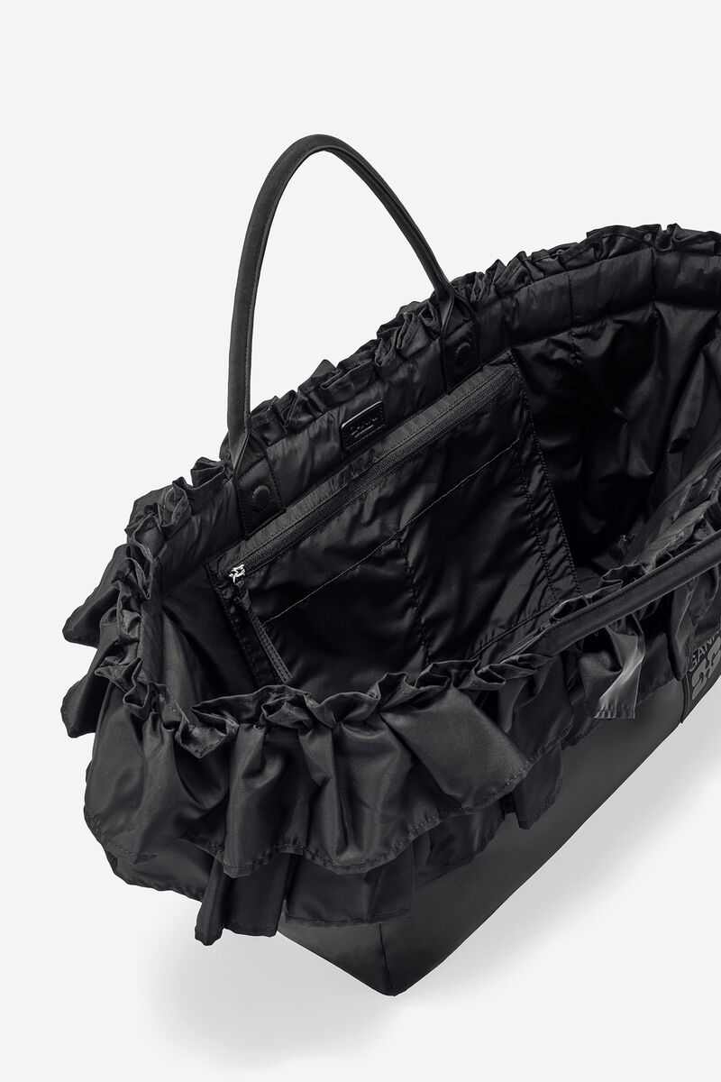 Black XXL Ruffle Tote, Recycled Nylon, in colour Black - 3 - GANNI
