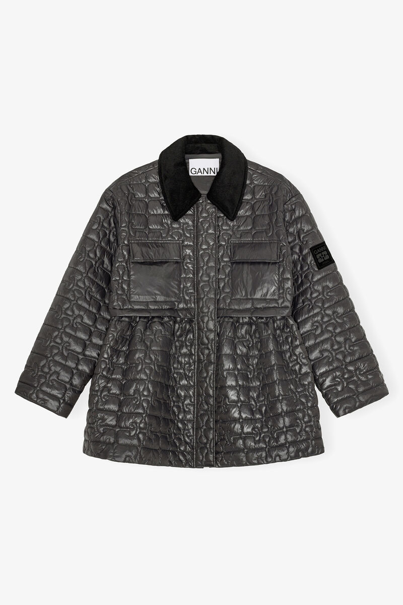 Dark Grey Quilt Midi Jacket, Recycled Nylon, in colour Phantom - 1 - GANNI