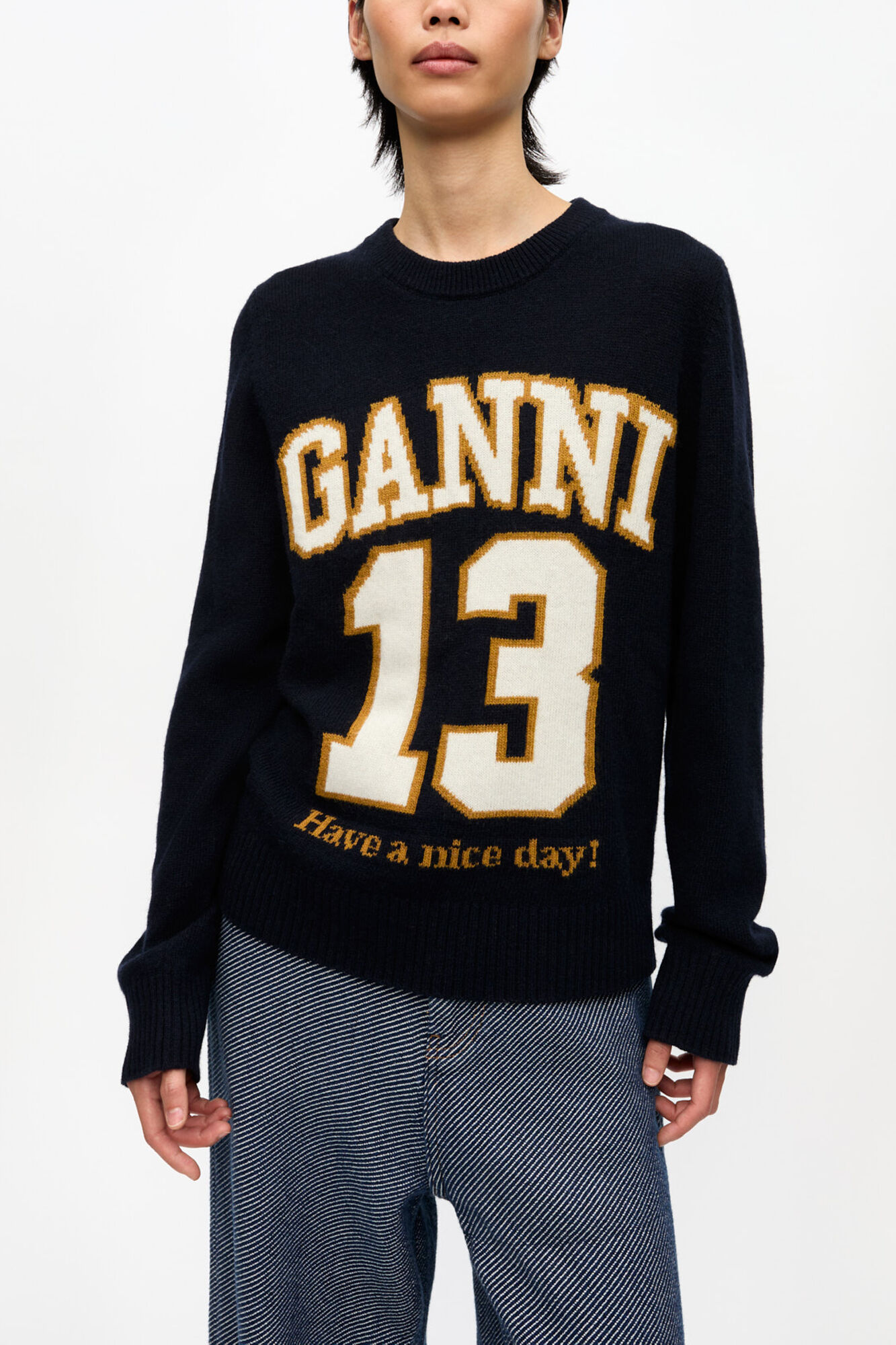 Blue Graphic Wool Jumper, Wool, in colour Sky Captain - 1 - GANNI