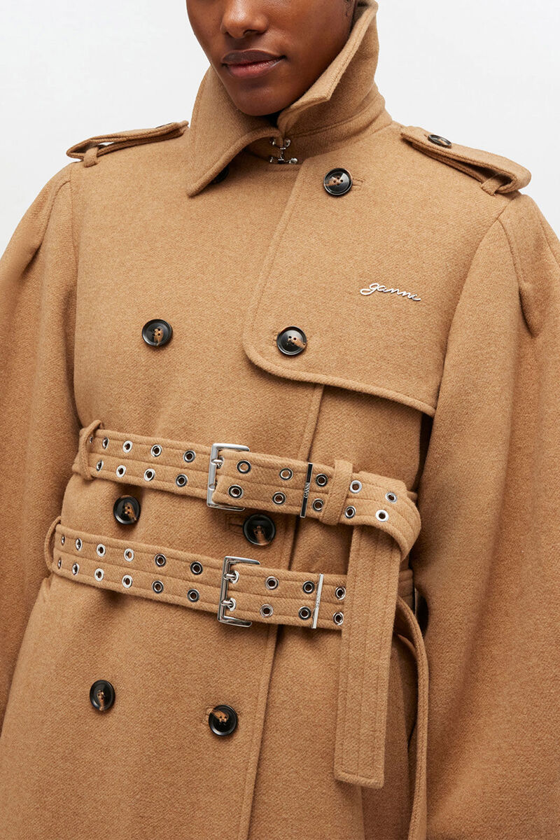 Woll-Trenchcoat, Wool, in colour Tiger's Eye - 3 - GANNI