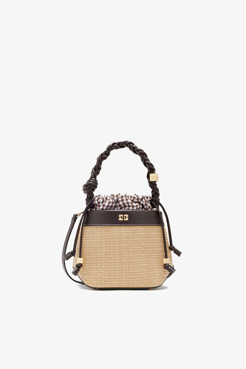 Bou Bucket Bag in Straw, Recycled Leather, in colour Seal Brown - 1 - GANNI