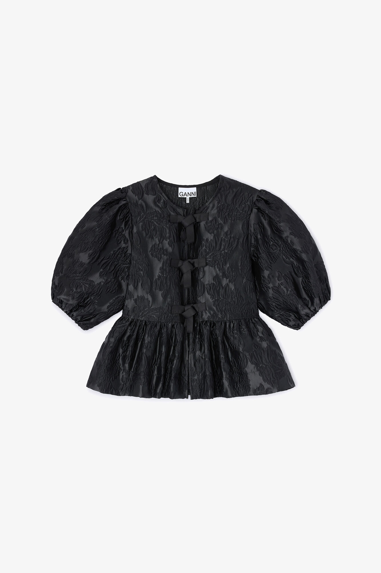Blouse &agrave; n&oelig;ud p&eacute;plum en satin, Recycled Polyester, in colour Black - 1 - GANNI