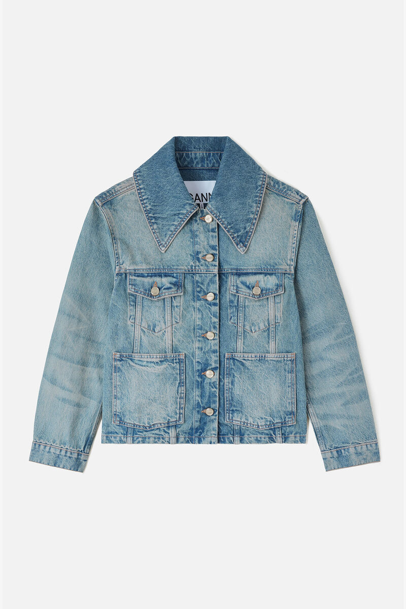 Rigid Denim Jacket, Organic Cotton, in colour Mid Blue Vintage - 1 - GANNI