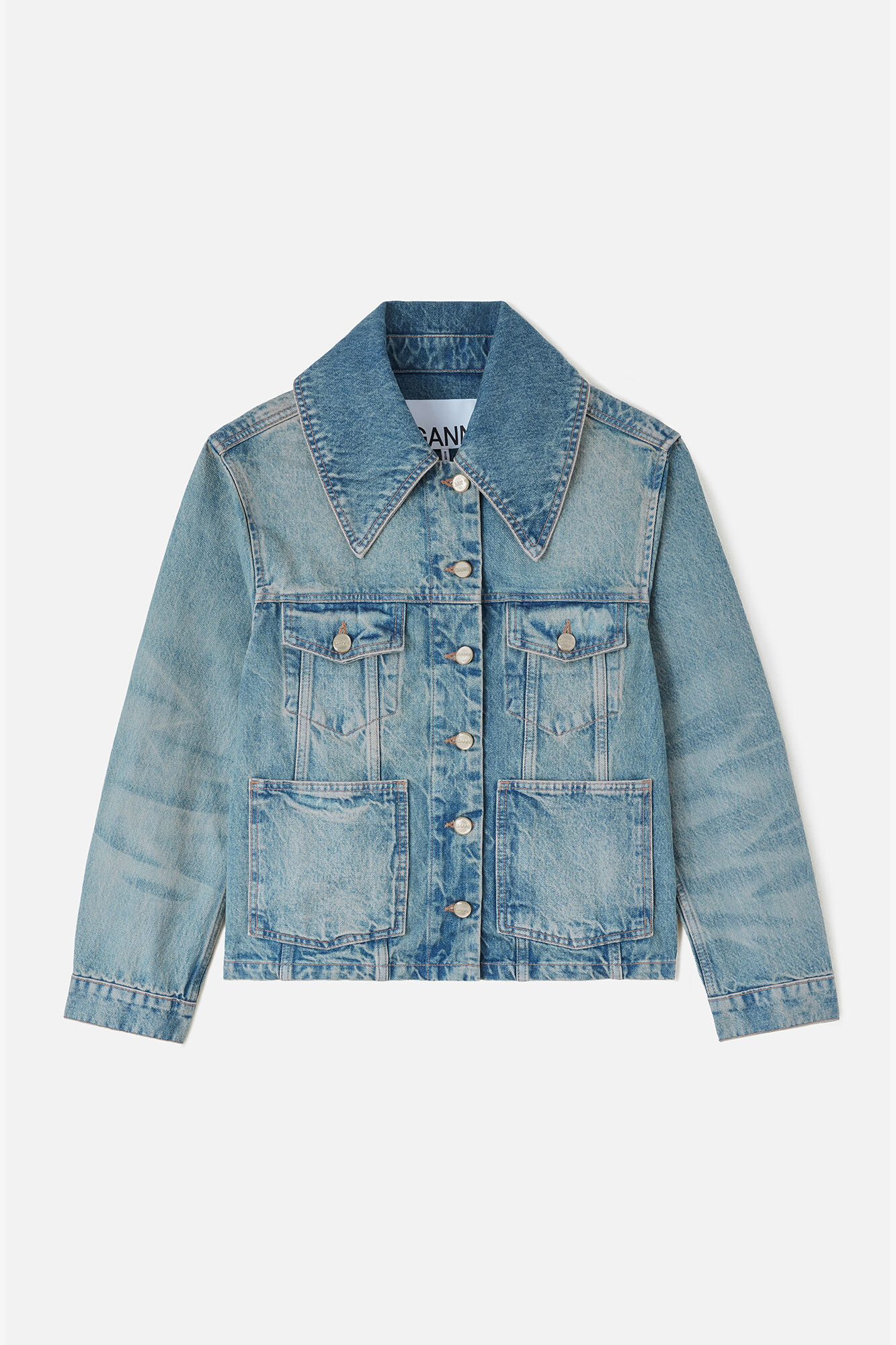 Rigid Denim Jacket, Organic Cotton, in colour Mid Blue Vintage - 1 - GANNI