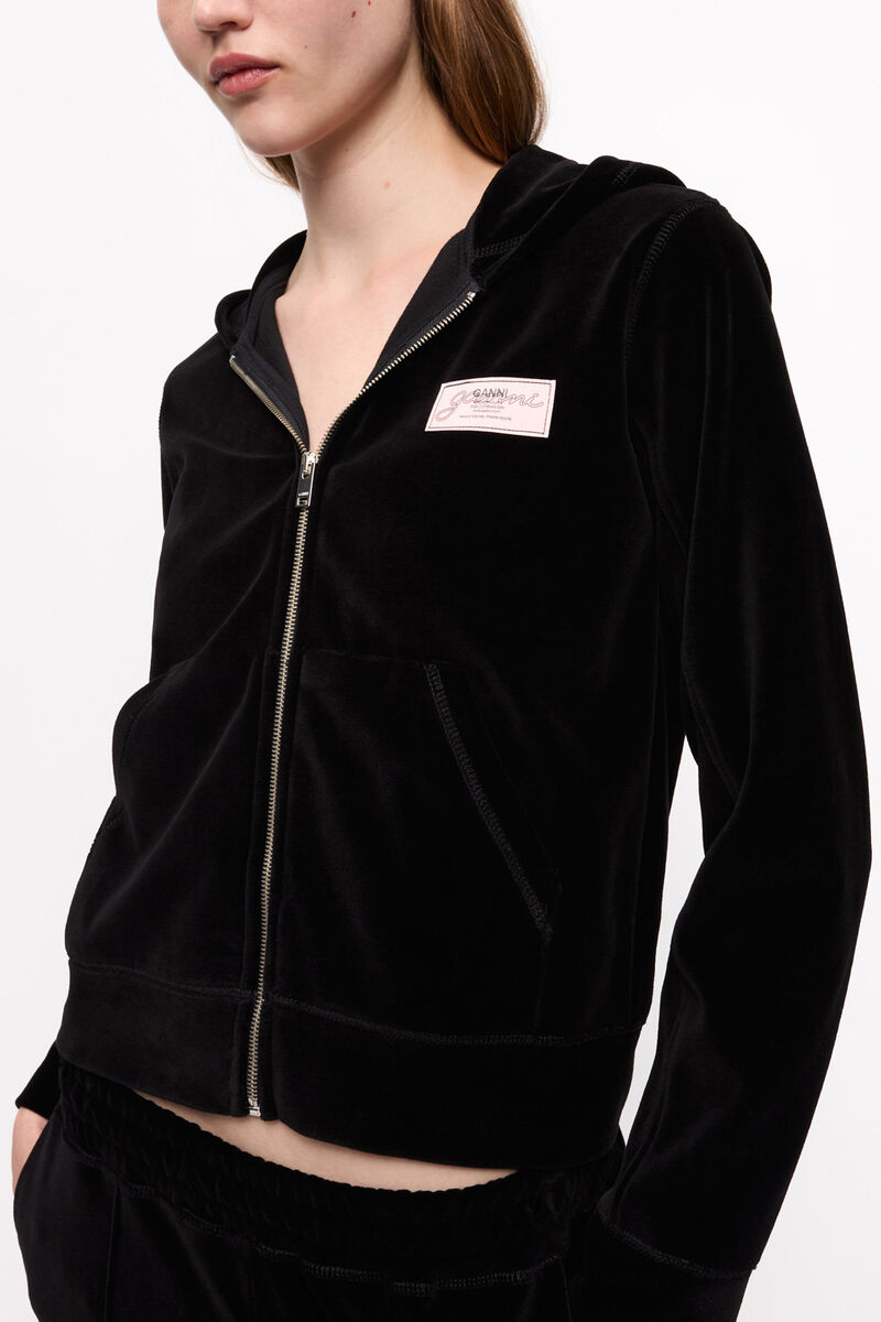 Heavy Velour Zip Hoodie, Organic Cotton, in colour Black - 2 - GANNI