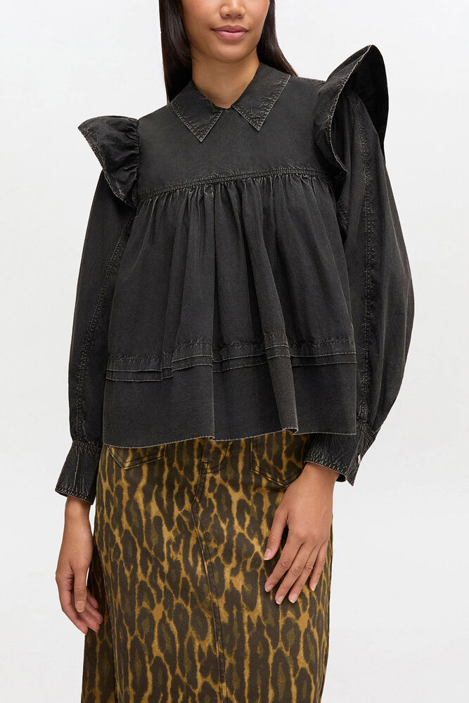 Schwarze, verwaschene R&uuml;schenbluse, Black