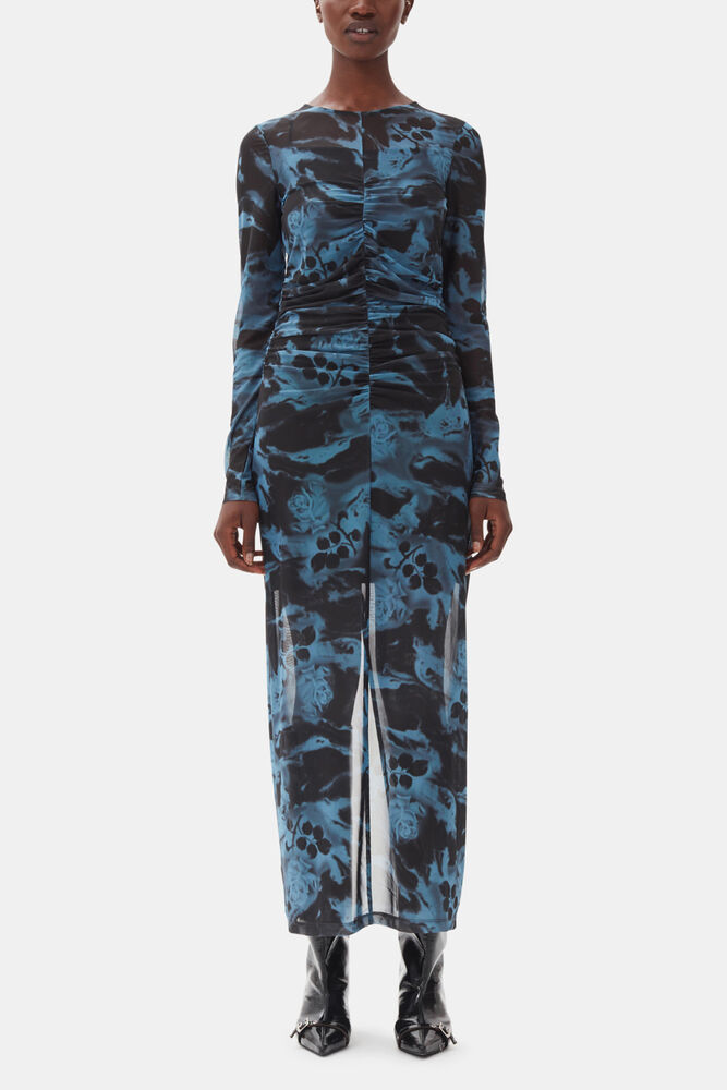 Blue Printed Mesh O-neck Ruched Long Dress, Blue Shadow
