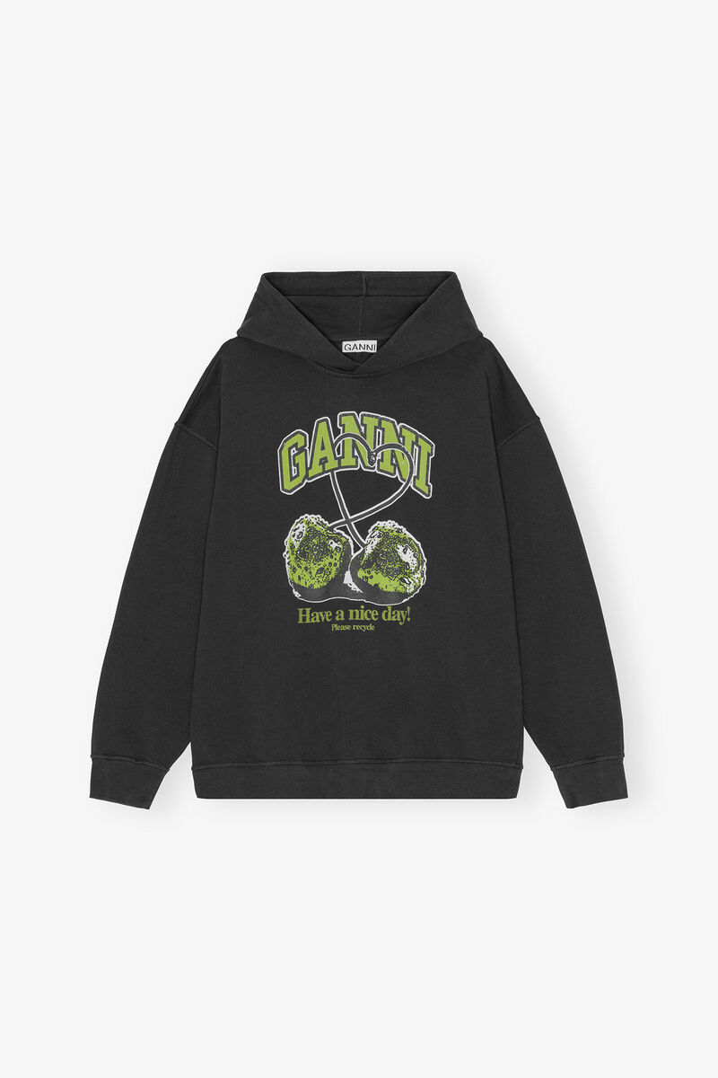 Black Isoli Cherries Oversized Hoodie, Organic Cotton, in colour Phantom - 1 - GANNI
