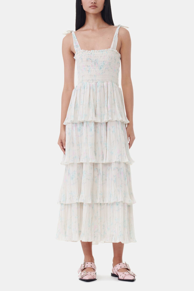 Floral Printed Pleated Georgette Strap Smock Midi Dress, Tofu