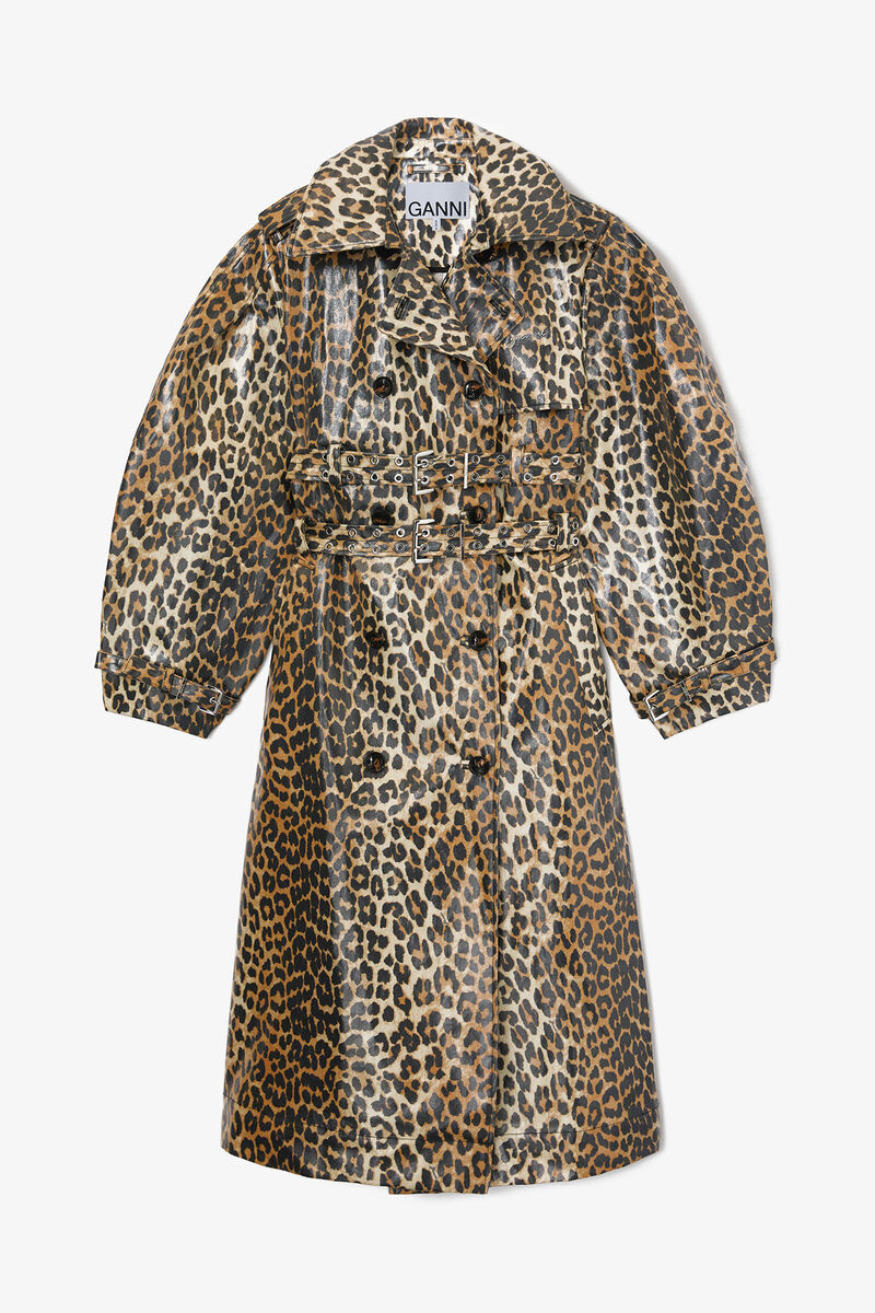 Leopard Laminated Cotton Trench Coat, Organic Cotton, in colour Almond Milk - 1 - GANNI