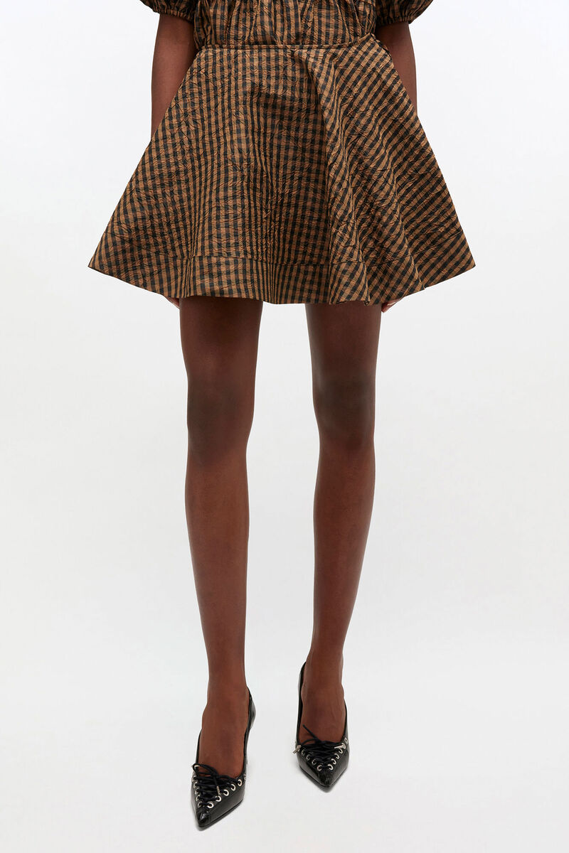 Crinkled Check Mini Circle Skirt, Recycled Polyester, in colour Tobacco Brown - 2 - GANNI