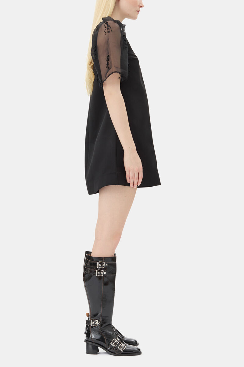 Mini-robe en organza &agrave; franges noire, Recycled Polyester, in colour Black - 3 - GANNI