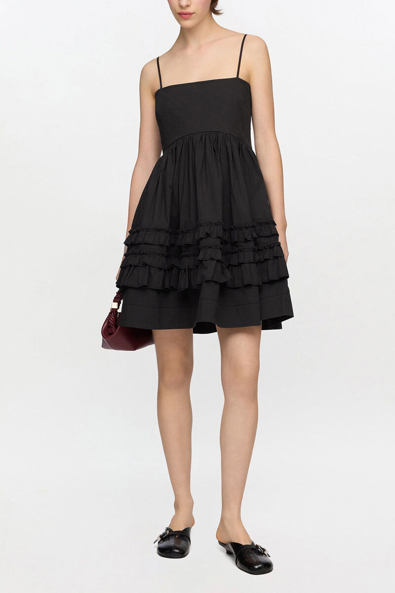 Black Mini Frill Dress, Organic Cotton, in colour Black - 1 - GANNI