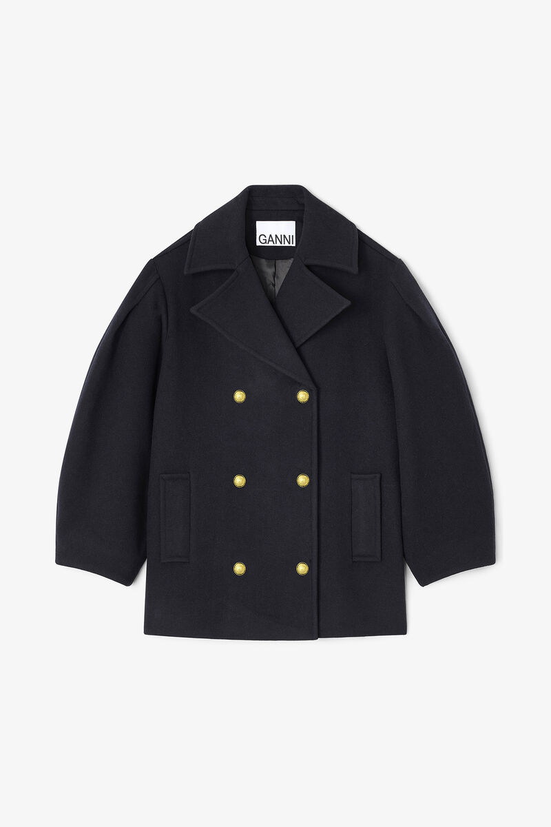 Dark Blue Wool Oversized Midi Peacoat, Recycled Wool, in colour Sky Captain - 1 - GANNI