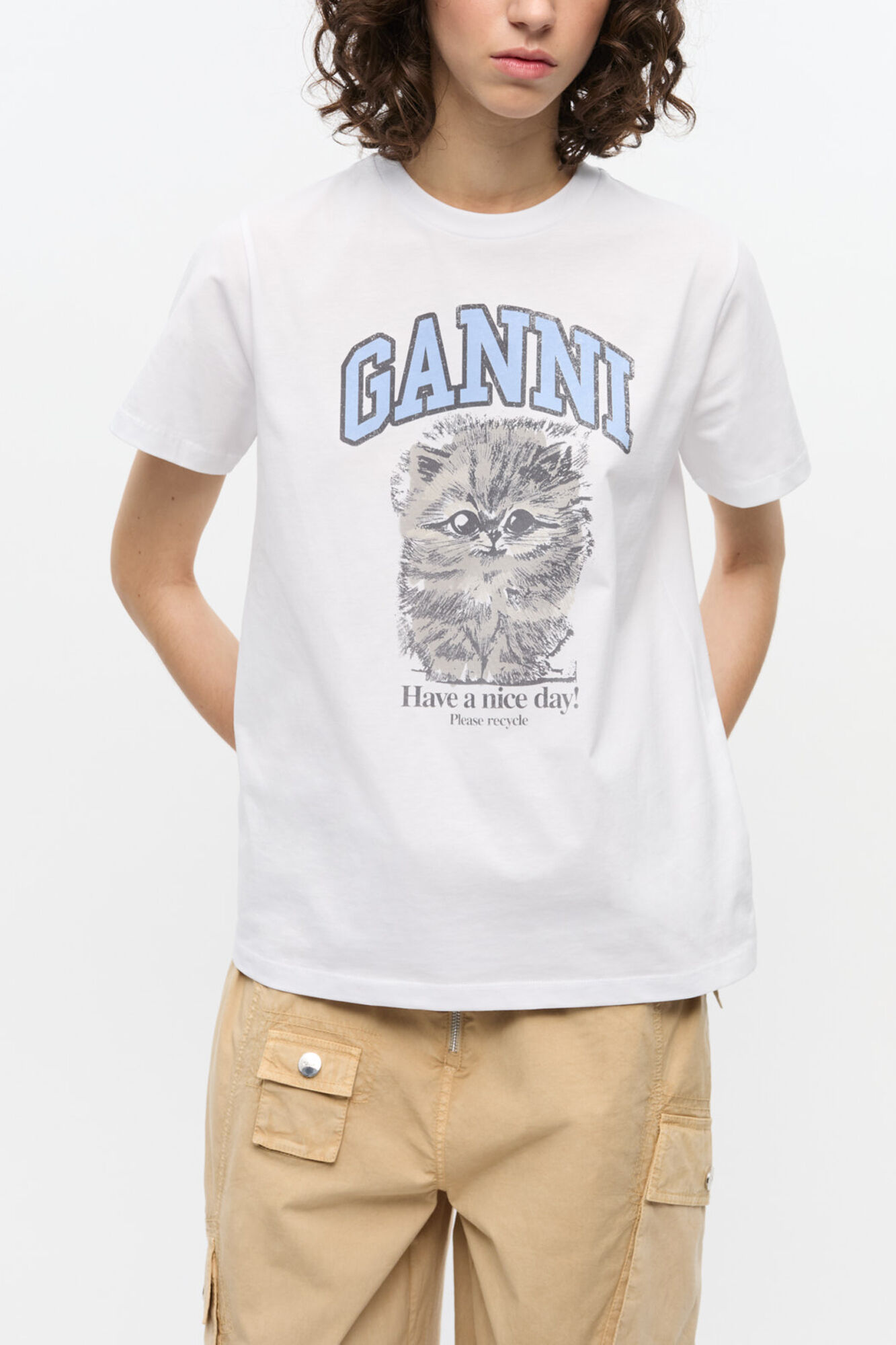 White Relaxed Jersey Kitty T-shirt, Organic Cotton, in colour Bright White - 1 - GANNI