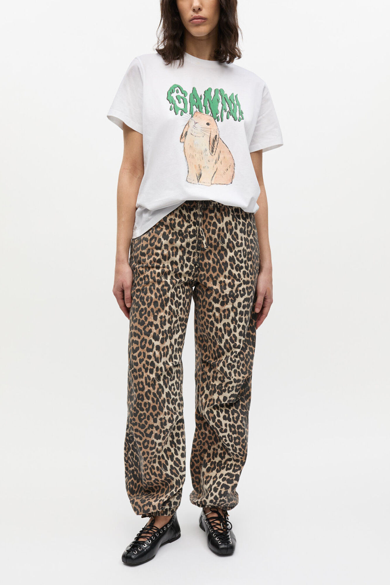 Trousers in Leopard Washed Cotton Canvas, Organic Cotton, in colour Almond Milk - 1 - GANNI