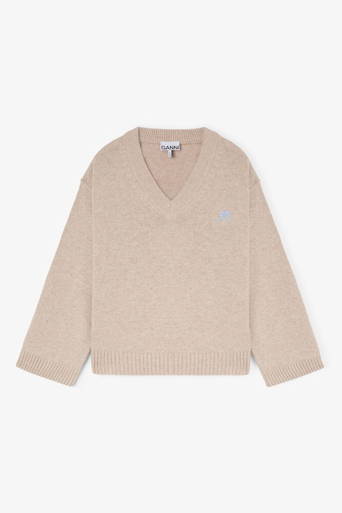 Beige Wool Mix V-neck Jumper, Sand