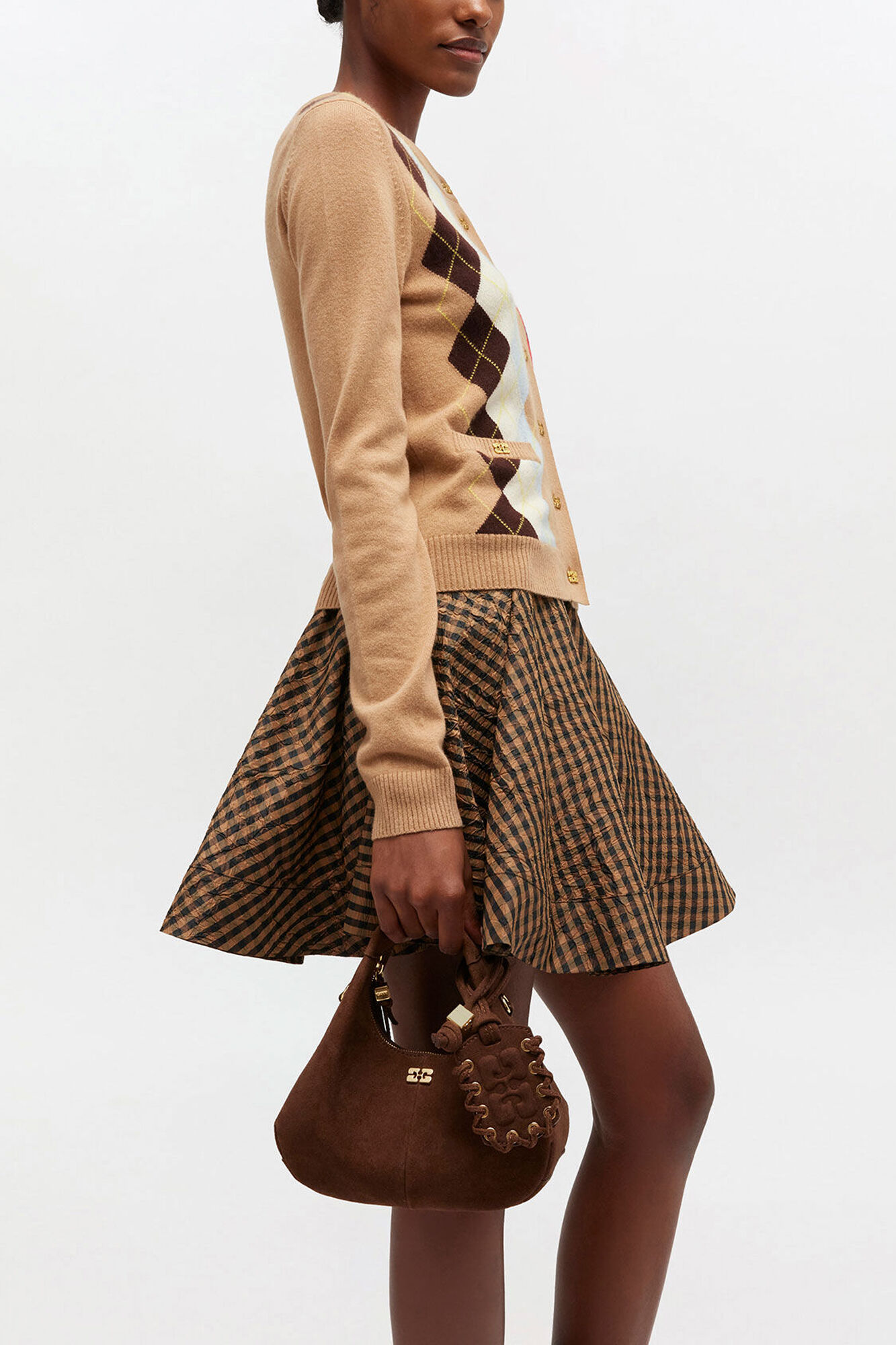 Mini hobov&auml;ska i brun mocka, Recycled Leather, in colour Chicory Coffee - 1 - GANNI
