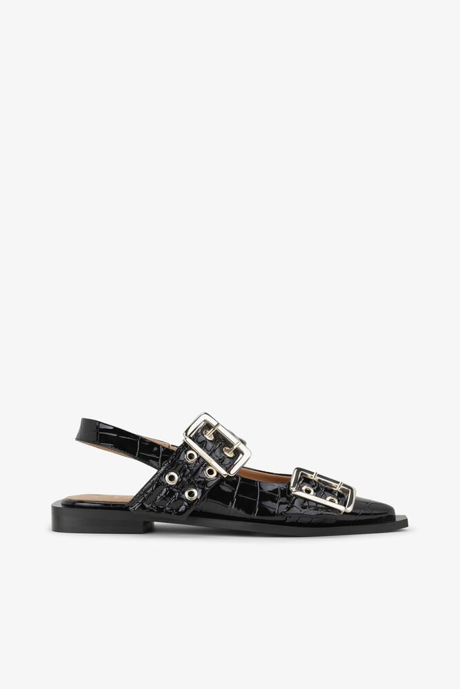 Ballerines &agrave; boucles Feminine en cuir verni effet croco noir, Black