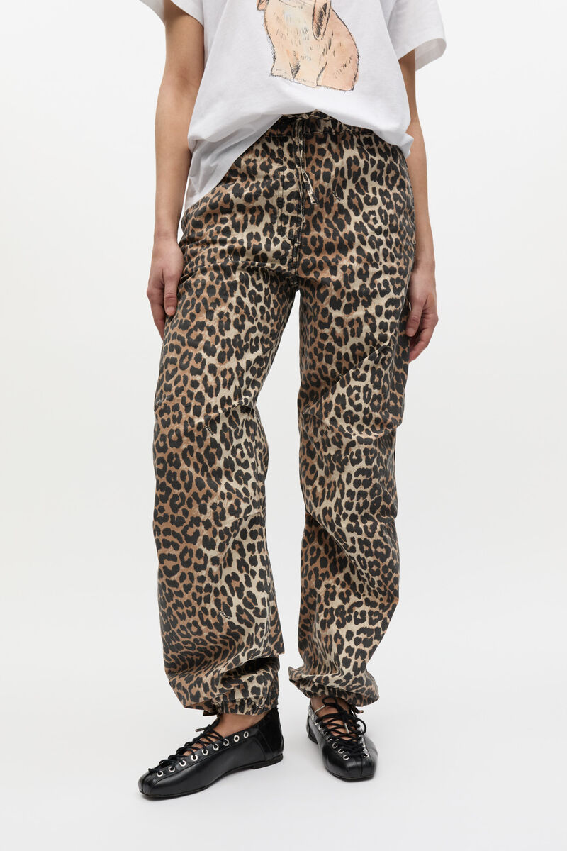 Trousers in Leopard Washed Cotton Canvas, Organic Cotton, in colour Almond Milk - 2 - GANNI