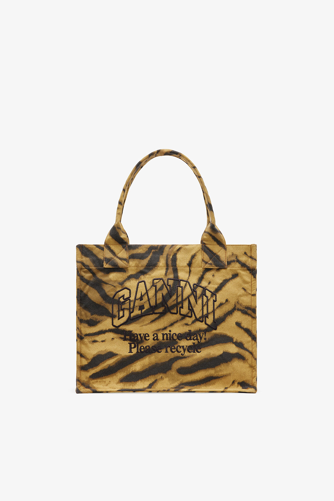 Zebra Print Large Tote, Recycled Cotton, in colour Khaki - 1 - GANNI