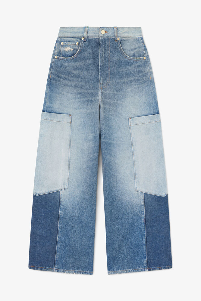 Baggy Cargo Jeans in Patchwork Denim, Mid Blue Vintage