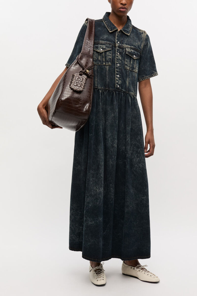Brown Croco XXL Hobo Bag, Recycled Leather, in colour Chocolate Fondant - 1 - GANNI