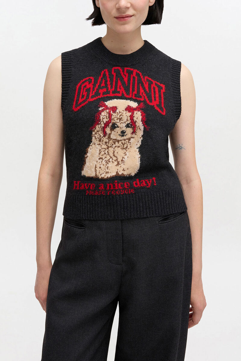 Wollweste mit Print, Wool, in colour Black Sand - 1 - GANNI