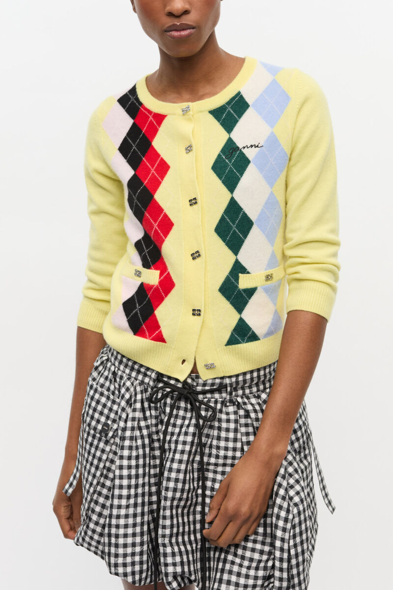 Yellow Check Cardigan, Merino Wool, in colour Pear Sorbet - 1 - GANNI