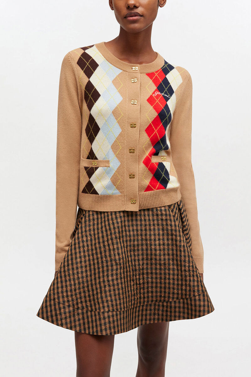 Argyle Print Cardigan, Wool, in colour Incense - 1 - GANNI