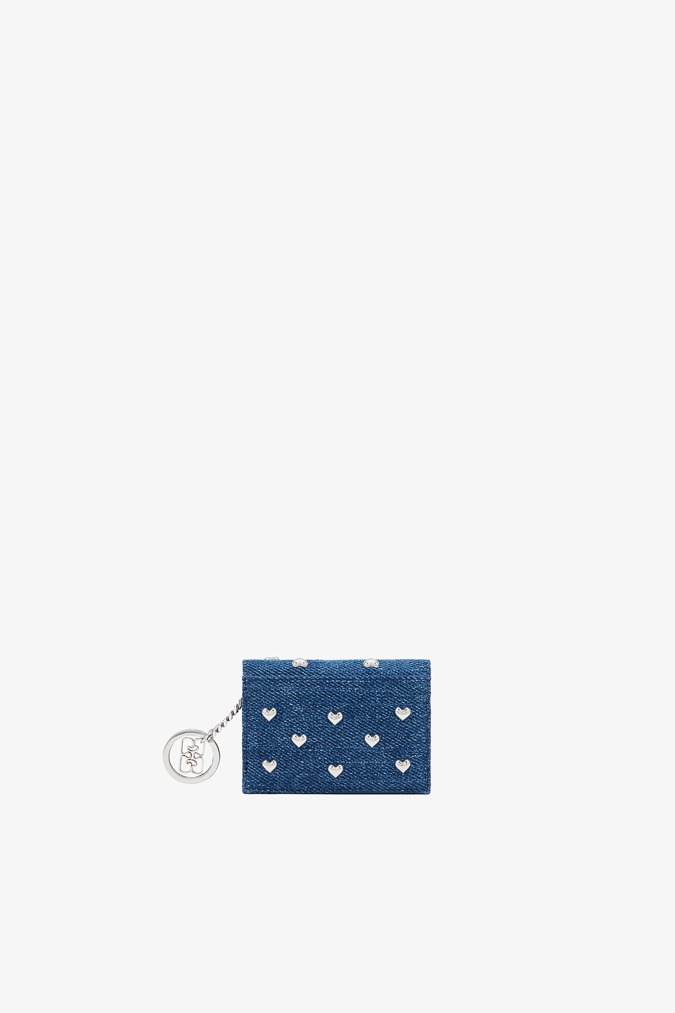 Bou Card Holder With Flap Heart Studs in Denim, Recycled Cotton, in colour Faded Denim - 2 - GANNI