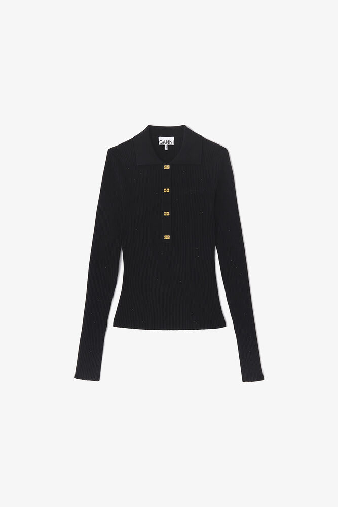 Fine Sequin Knitted Polo, Black