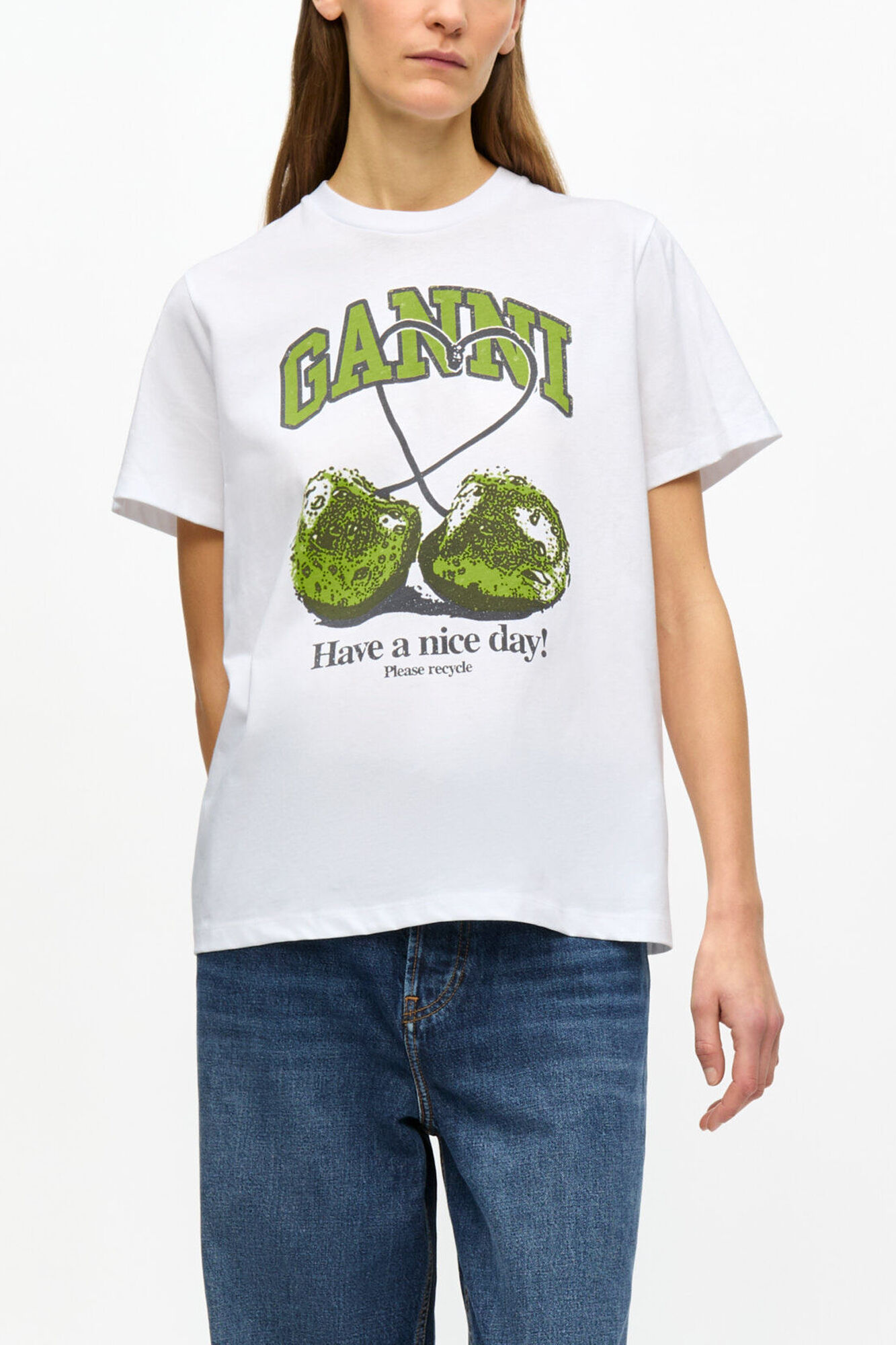 White Basic Jersey Cherry Relaxed T-shirt, Organic Cotton, in colour Bright White - 1 - GANNI