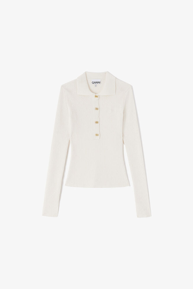 Fine Sequin Knitted Polo, Egret