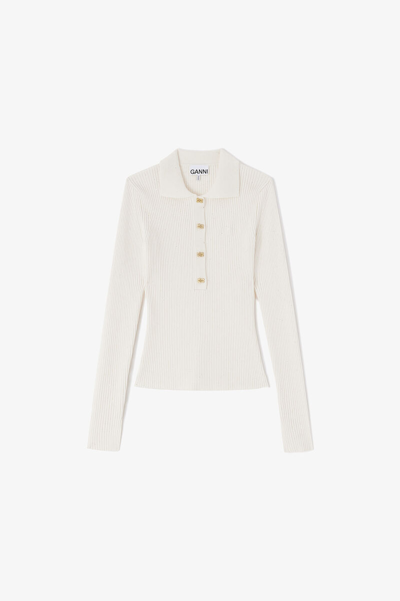 Fine Sequin Knitted Polo, Wool, in colour Egret - 1 - GANNI