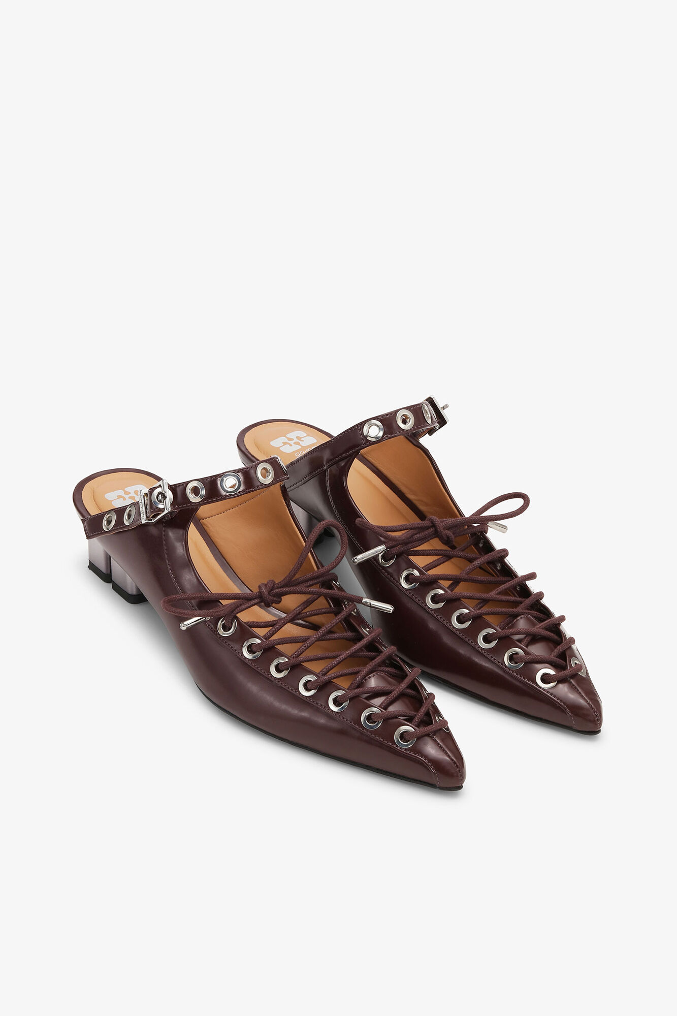 Mules &agrave; lacets en Oleatex marron, Oleatex&trade;, in colour Tawny Port - 2 - GANNI