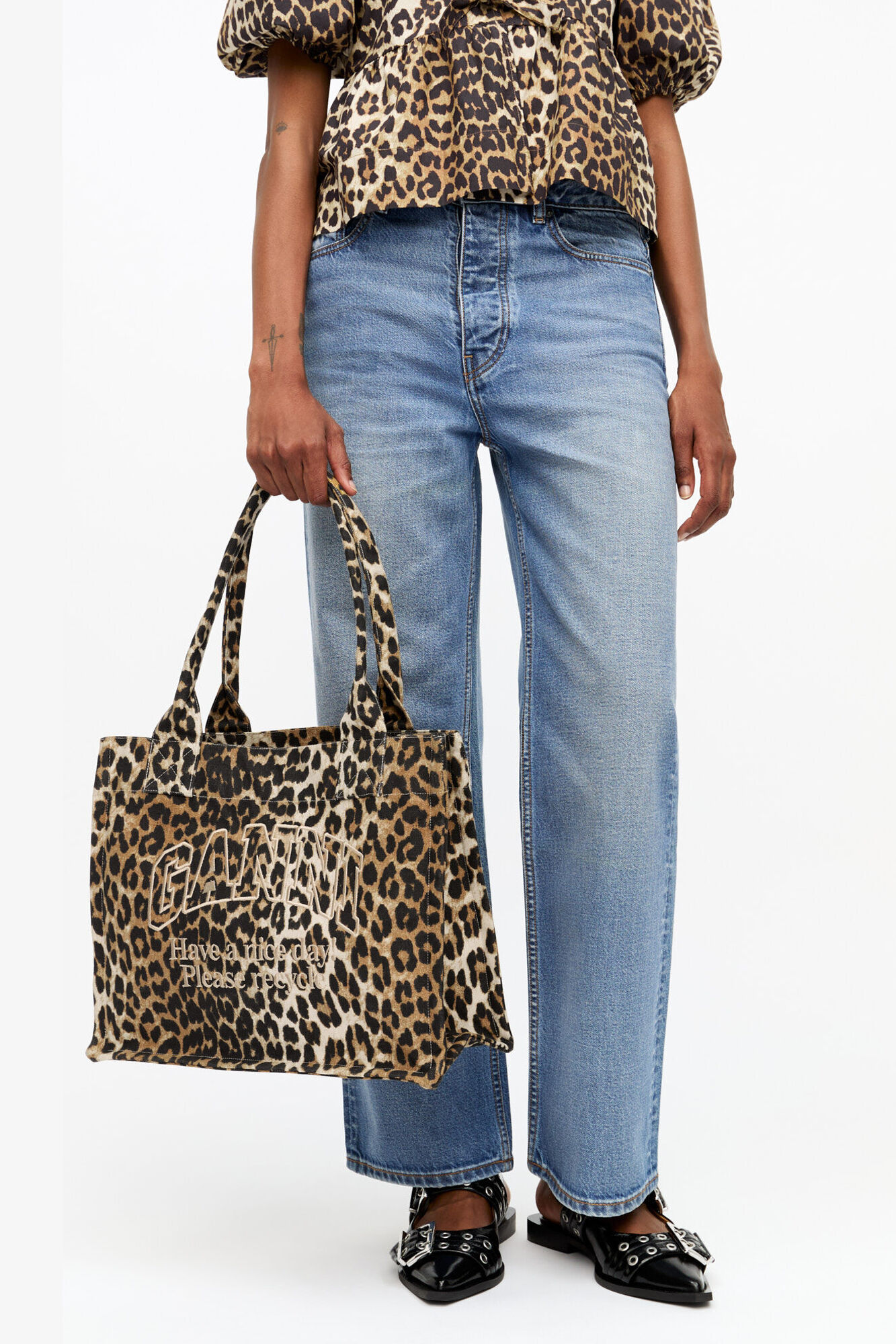 Leopard Large Canvas Tote Bag, Recycled Cotton, in colour Leopard - 1 - GANNI