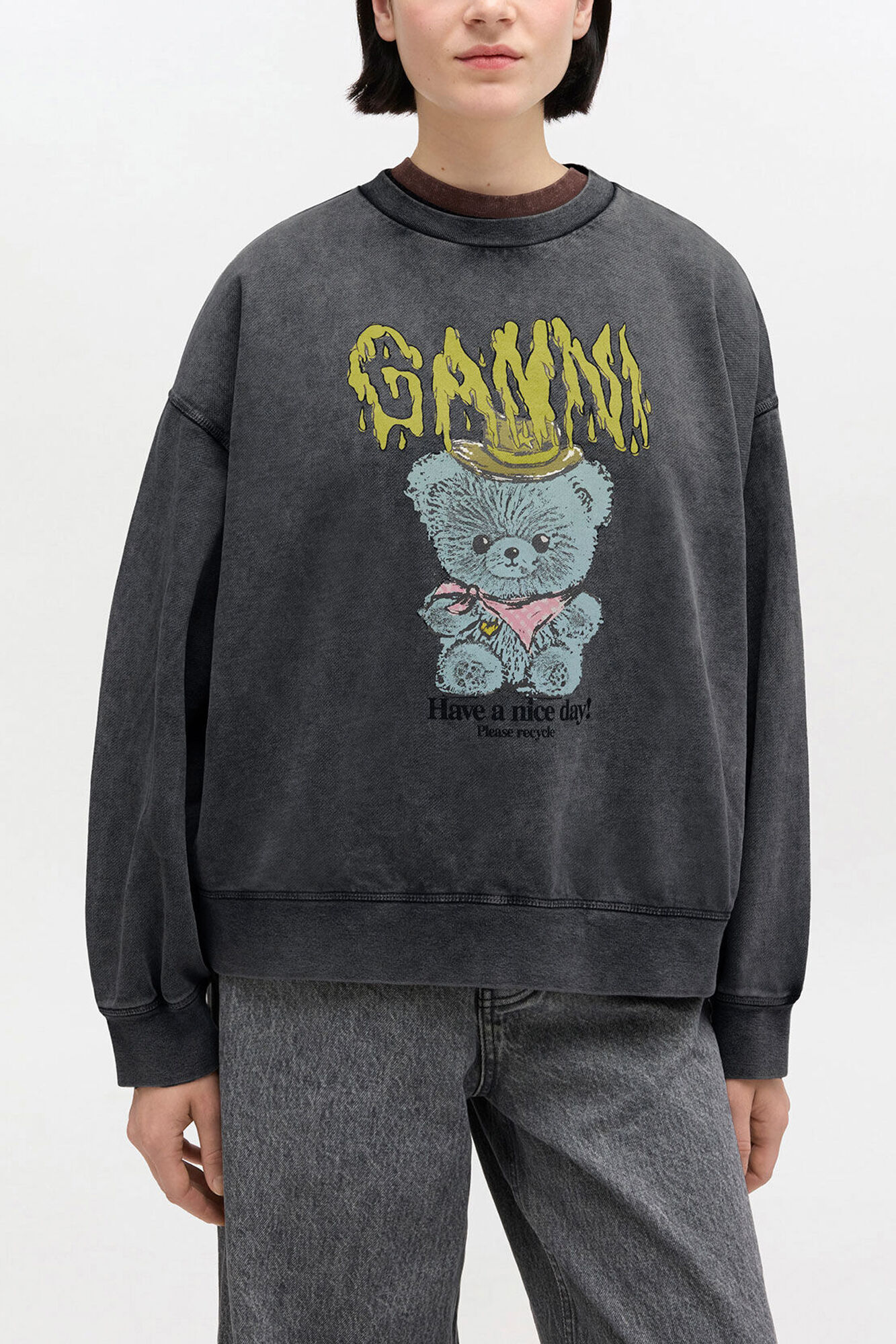 Vintage Wash Sweatshirt, Organic Cotton, in colour Black Washed - 1 - GANNI