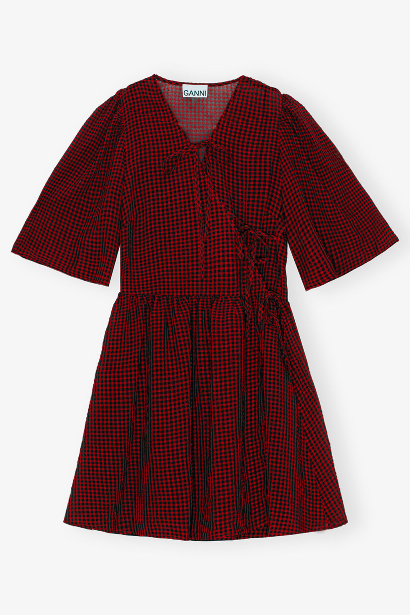 Red Sheer Tie String Wrap Dress, Recycled Polyester, in colour Winery - 1 - GANNI